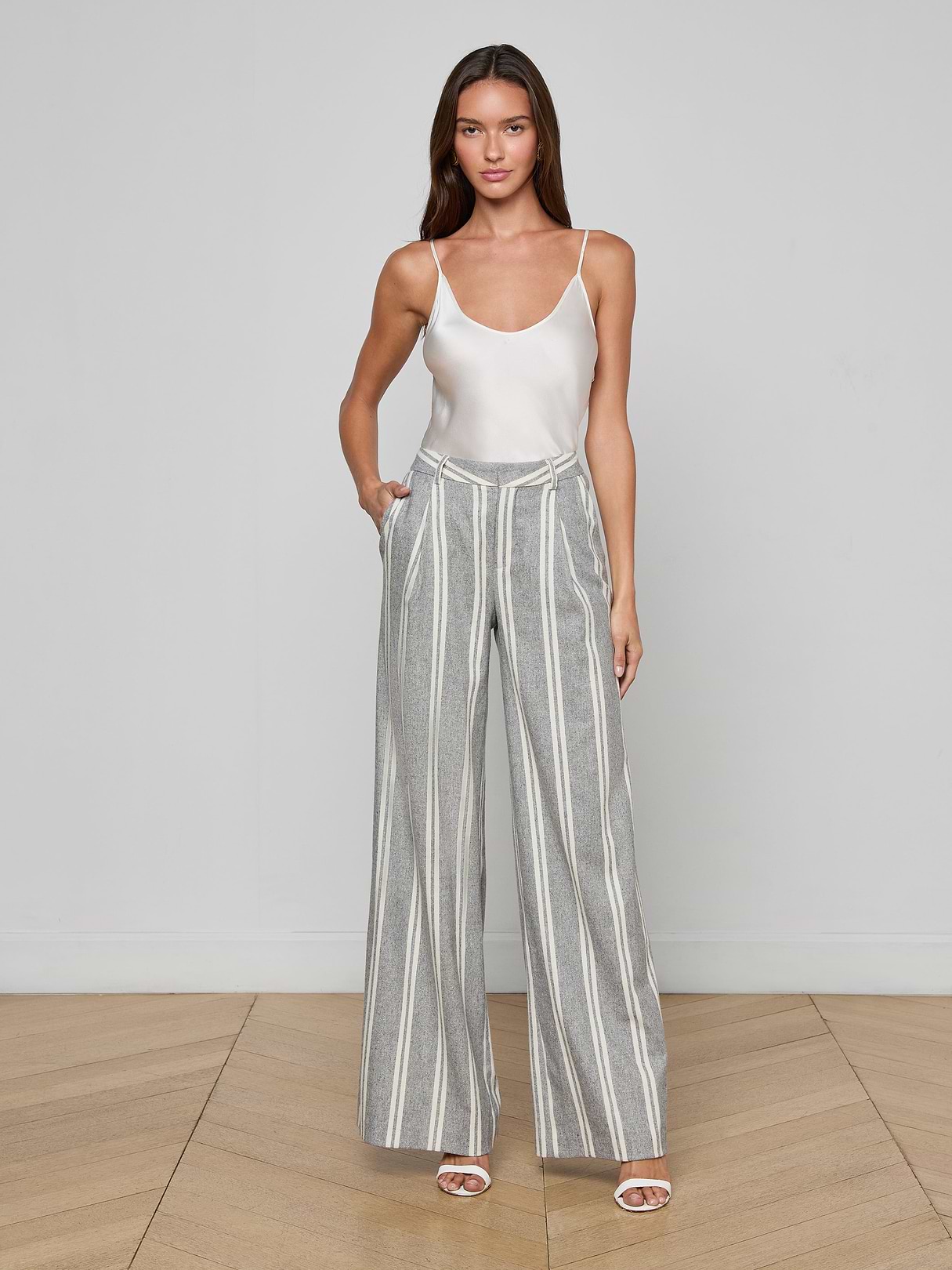 Allanah Striped Trouser in Grey/Ivory Stripe | L'AGENCE