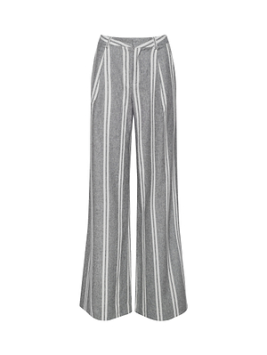 The Allanah Striped Trouser is a wide-leg, high-waisted gray pant with vertical white stripes and side pockets, crafted from luxurious Italian wool blend and shown on a white background.