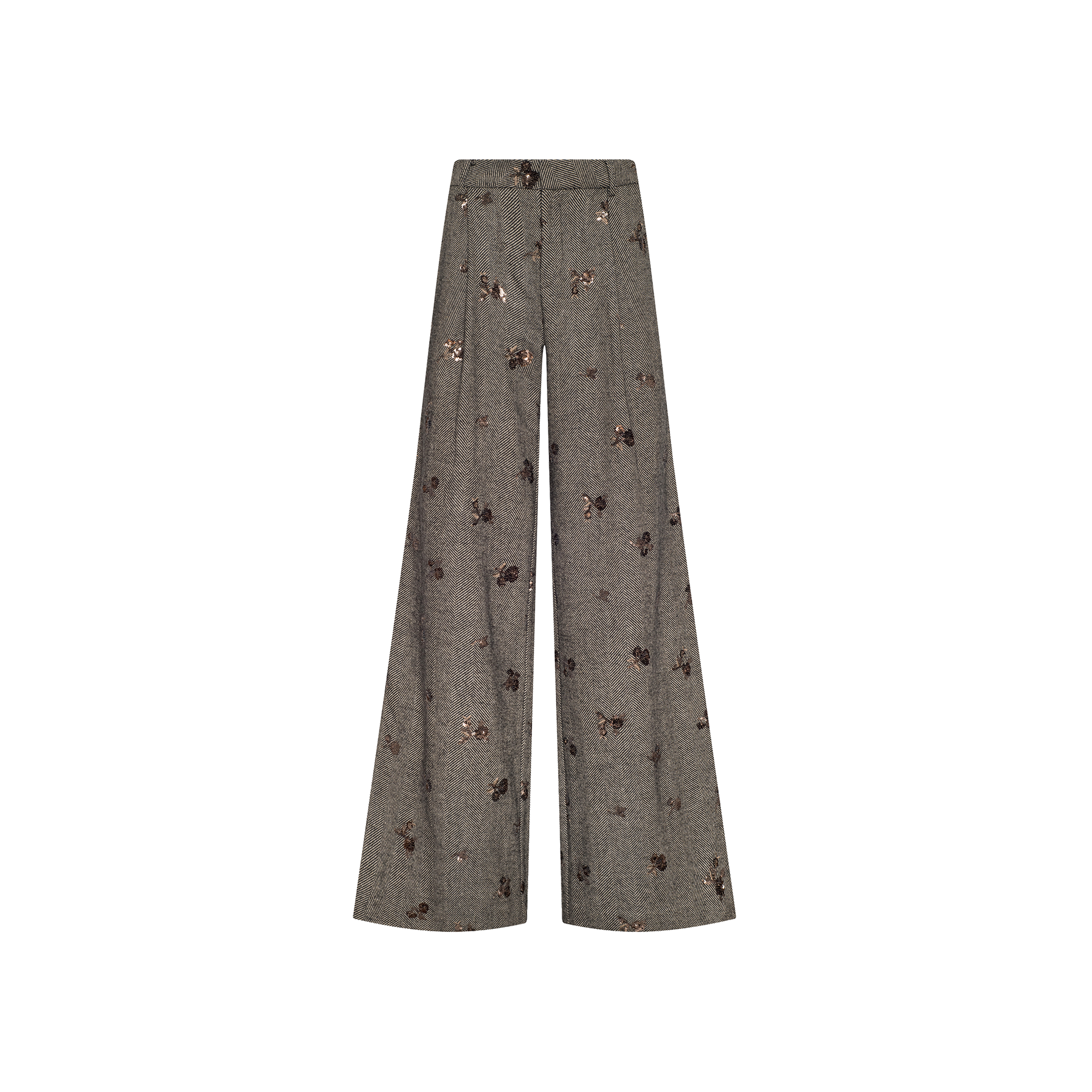 The Allanah Sequined Trouser is a wide-leg gray herringbone style with a high waist and subtle vertical seam lines, featuring an all-over floral or butterfly embroidered pattern in brown tones, and displayed on a plain white background.