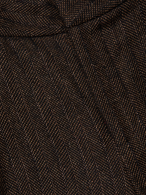 Close-up of Allanah Pinstriped Trouser by L'AGENCE shows textured brown Italian wool-blend fabric with diagonal lines and visible seam, highlighting detailed stitching—ideal for a modern look.