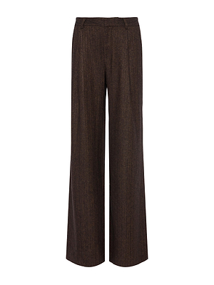 The Allanah Pinstriped Trouser by L'AGENCE features a wide-leg brown design with subtle vertical pinstripes, crafted from recycled wool-blend fabric with belt loops and front pleats, shown against a white background.