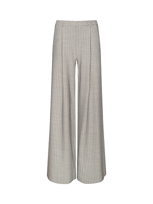 The Allanah Pinstriped Trouser is a wide-leg, high-waisted style made from premium Italian suit fabric with subtle beige and gray pinstripes, front pleats, and belt loops, shown on a white background. A modern trouser with timeless appeal.
