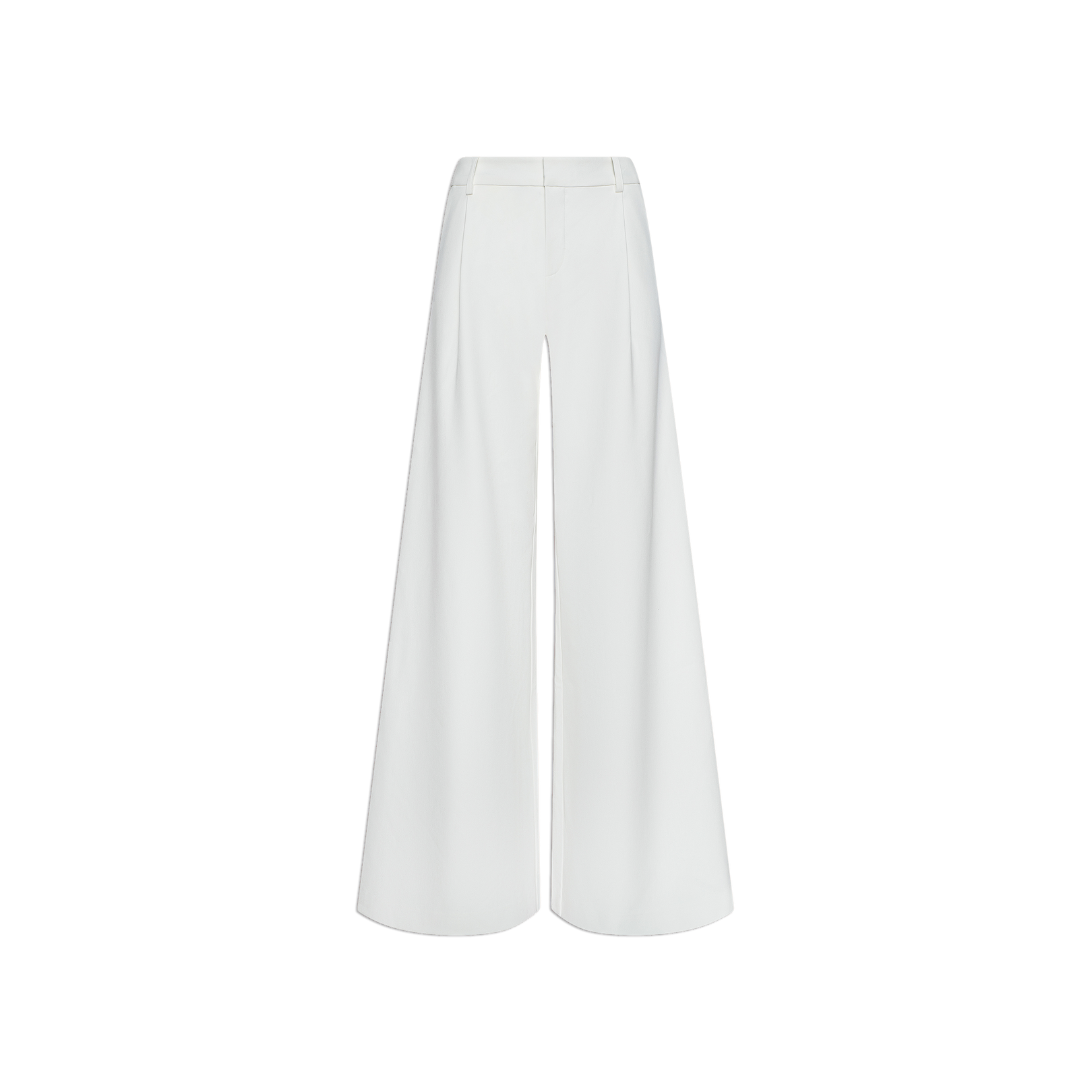 The Allanah Trouser is a wide-leg, high-waisted white pant crafted from stretch suit fabric, featuring a tailored waistband and a long, flowing silhouette for a flattering fit and modern appeal, shown against a plain white background.