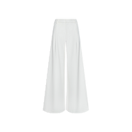 The Allanah Trouser features a white high-waisted, wide-leg silhouette with a fitted waist and flared legs, crafted from stretch suit fabric for a modern, flattering fit, shown against a plain white background.