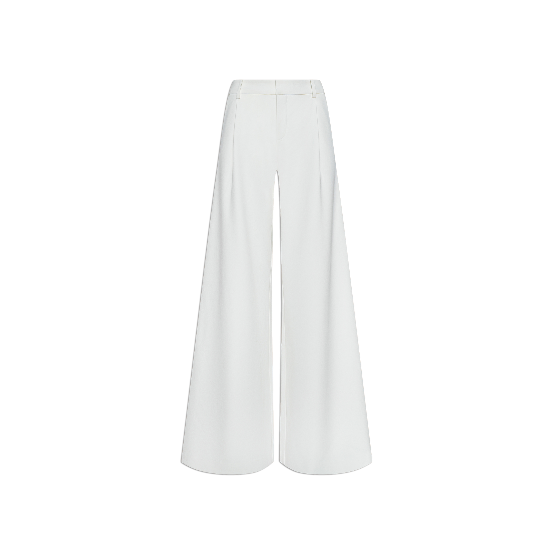 The Allanah Trouser features a white high-waisted, wide-leg silhouette with a fitted waist and flared legs, crafted from stretch suit fabric for a modern, flattering fit, shown against a plain white background.