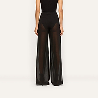 Back view of a person wearing Allanah Sheer Trousers, featuring high-waisted, modern black wide-leg trousers with sheer chiffon panels.