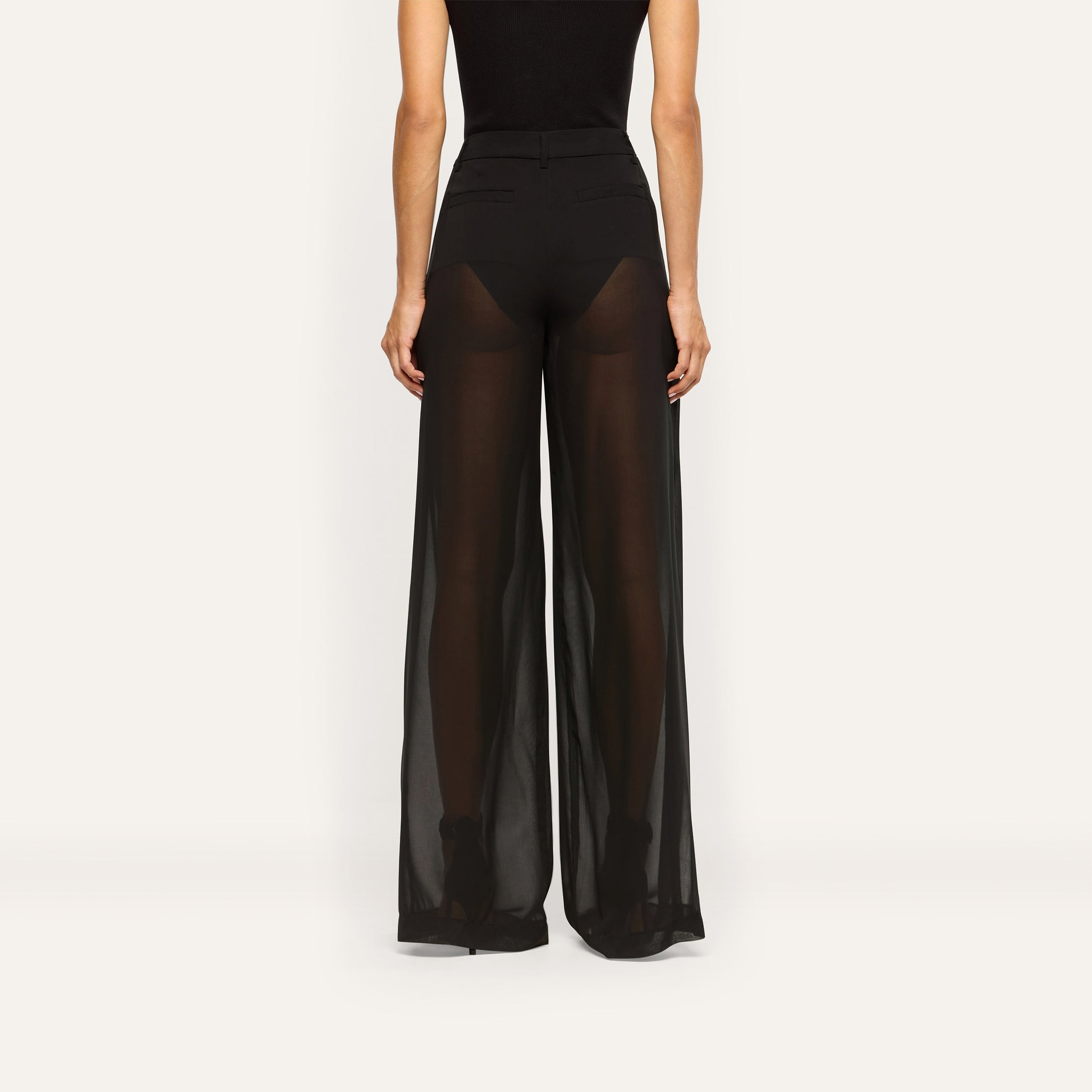 Back view of a person wearing Allanah Sheer Trousers, featuring high-waisted, modern black wide-leg trousers with sheer chiffon panels.