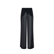 Black high-waisted wide-leg Allanah Sheer Trousers featuring an opaque panel and modern sheer chiffon legs.
