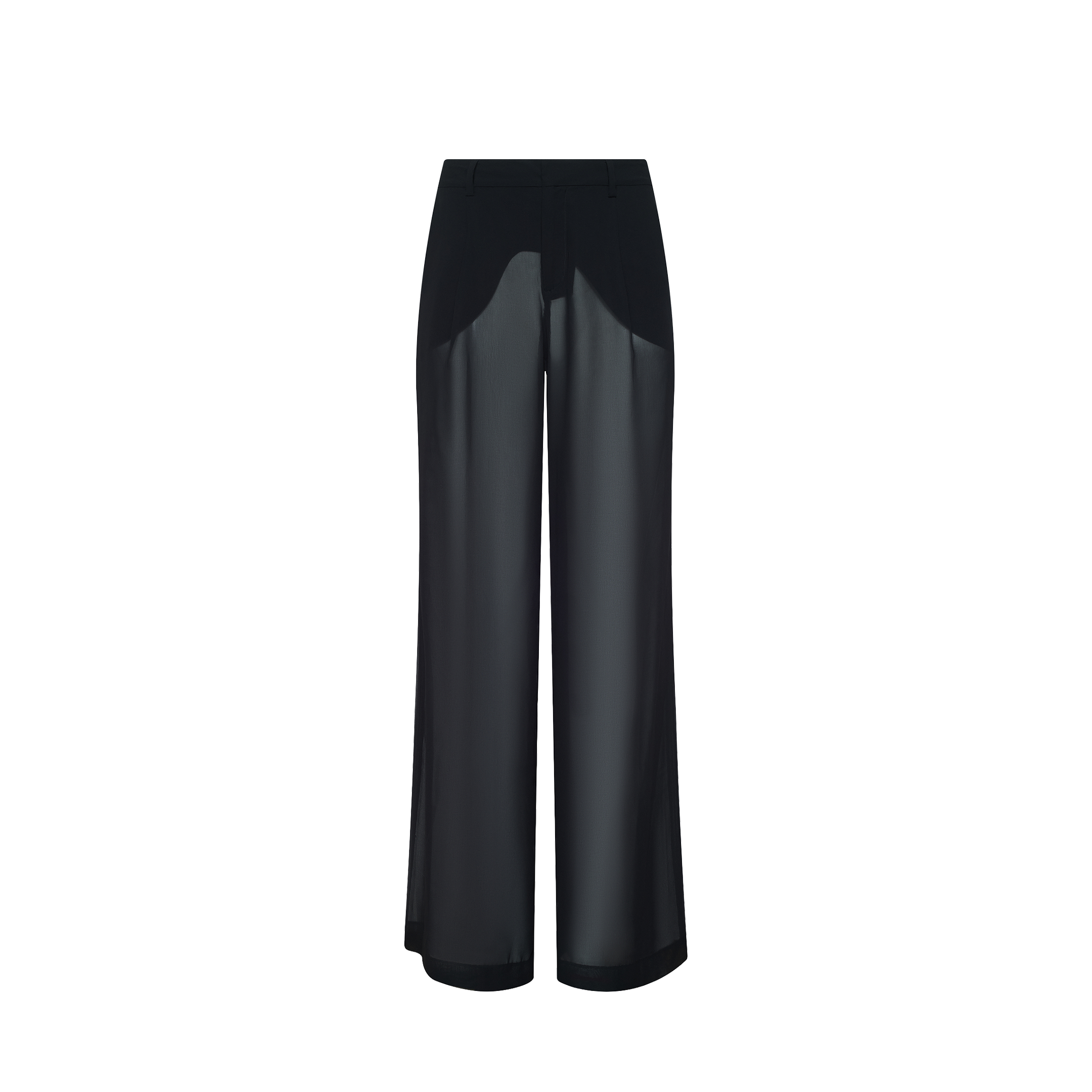 Black high-waisted wide-leg Allanah Sheer Trousers featuring an opaque panel and modern sheer chiffon legs.