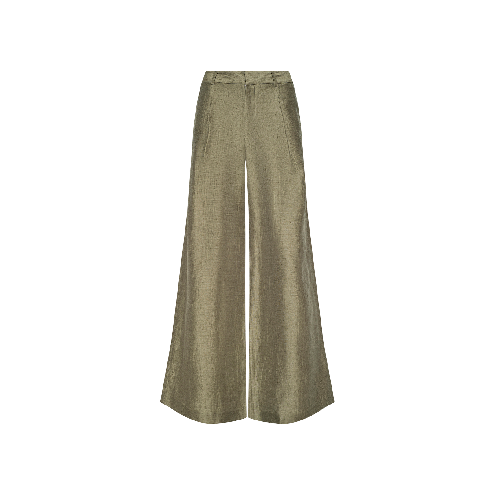 The Allanah Linen-Blend Trouser features a wide-leg, high-waisted design in metallic olive green with a smooth, shiny finish, front seam detailing, and a tailored waistband for a flattering fit, shown against a white background.