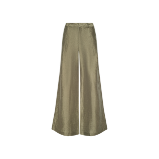 The Allanah Linen-Blend Trouser features a wide-leg, high-waisted design in metallic olive green with a smooth, shiny finish, front seam detailing, and a tailored waistband for a flattering fit, shown against a white background.