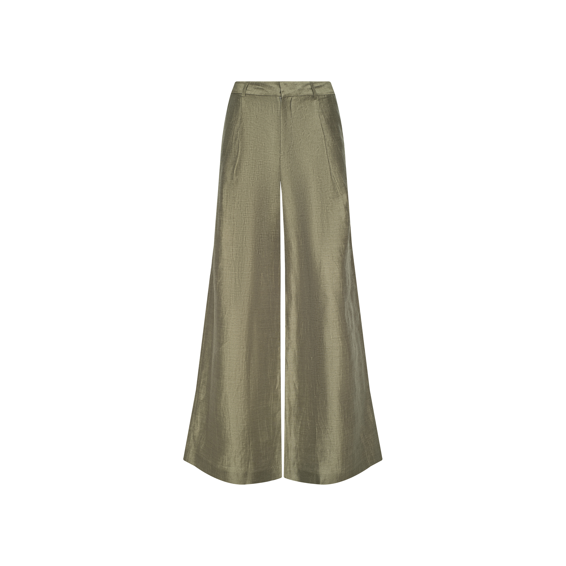 The Allanah Linen-Blend Trouser features a wide-leg, high-waisted design in metallic olive green with a smooth, shiny finish, front seam detailing, and a tailored waistband for a flattering fit, shown against a white background.