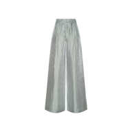 The Allanah Linen-Blend Trouser features wide legs, a high waist, and a subtle sheen in metallic silver—ideal for a fashion presentation or Spring 2027 Paris Fashion Week. Shown on a plain white background.