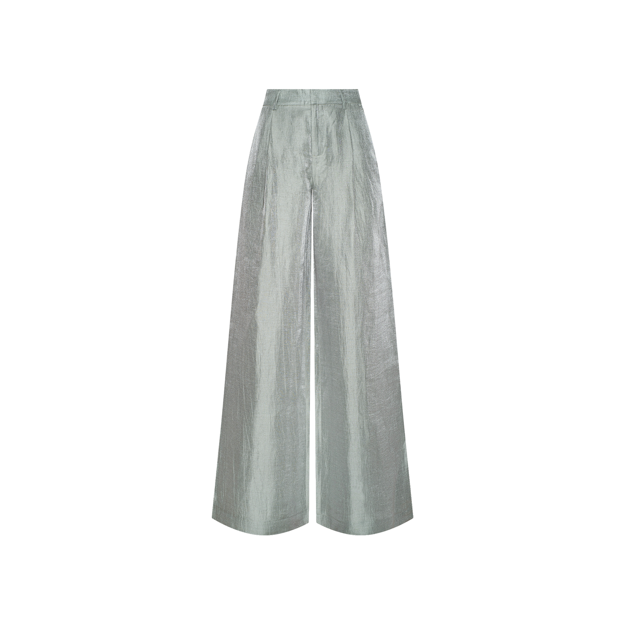 The Allanah Linen-Blend Trouser features wide legs, a high waist, and a subtle sheen in metallic silver—ideal for a fashion presentation or Spring 2027 Paris Fashion Week. Shown on a plain white background.