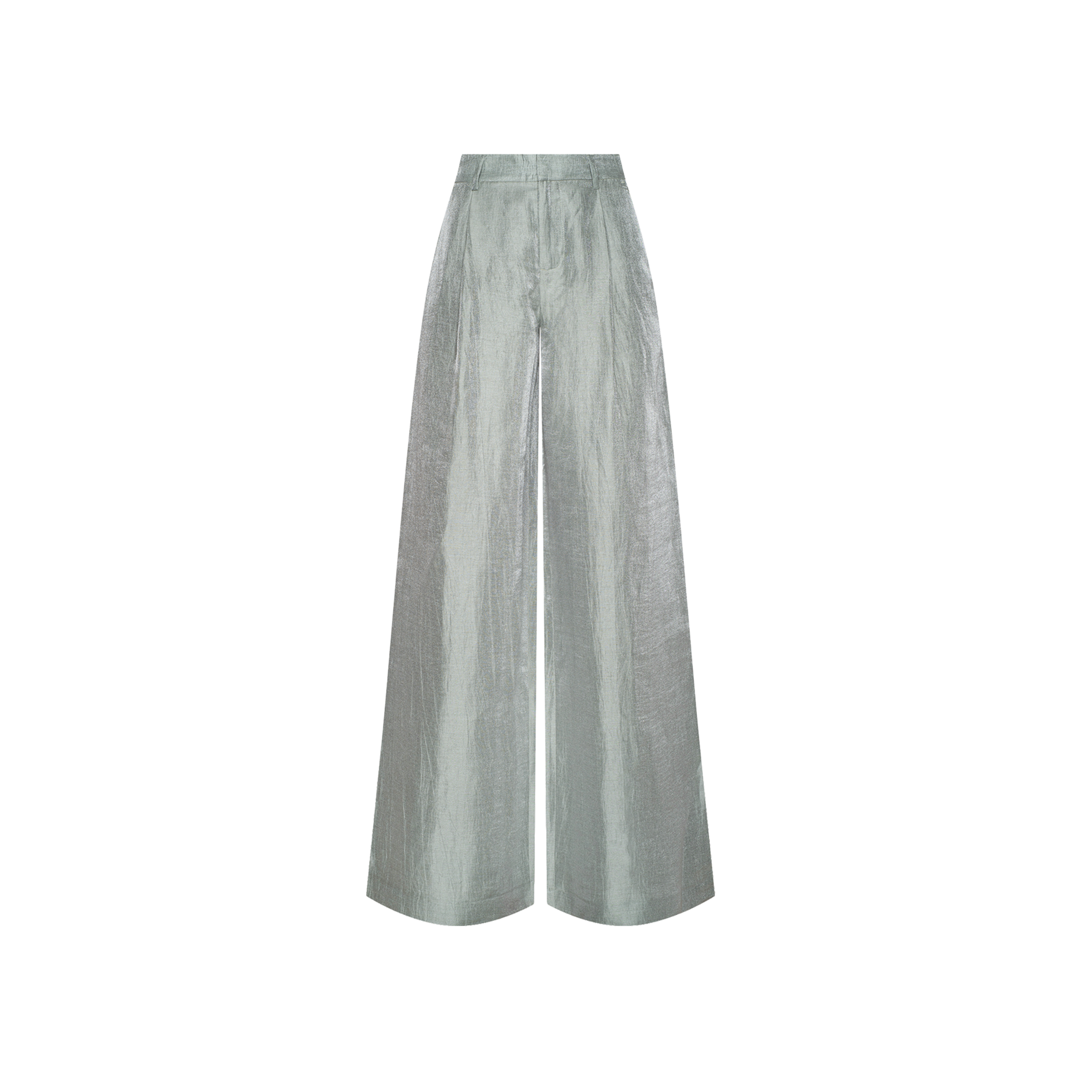 The Allanah Linen-Blend Trouser features wide legs, a high waist, and a subtle sheen in metallic silver—ideal for a fashion presentation or Spring 2027 Paris Fashion Week. Shown on a plain white background.