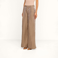 A person wearing the Allanah Linen-Blend Trouser in latte brown, styled with tan pointed-toe heels, stands against a plain white background with only the lower half of their body visible.