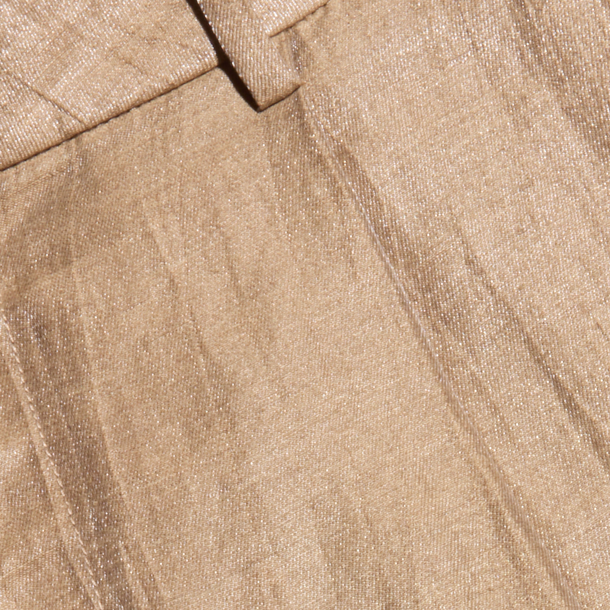 Close-up of the Allanah Linen-Blend Trouser in latte brown, featuring a visible seam and belt loop, showcasing the textured linen-blend fabric and its subtle sheen.