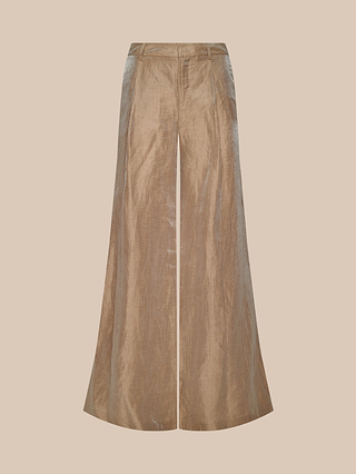 Allanah Linen-Blend Trouser: High-waisted, wide-leg metallic gold pants featuring a subtle sheen, belt loops, and front seam detailing, showcased against a light beige background.
