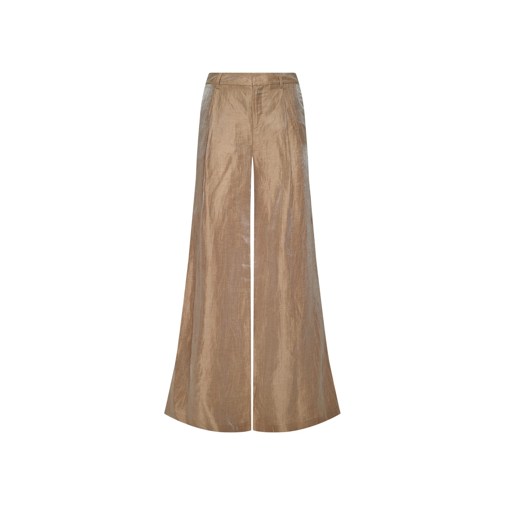 The Allanah Linen-Blend Trouser is a high-waisted, wide-leg modern pant in shiny latte brown, showcased against a plain white background. Crafted from a linen blend, these trousers feature a tailored waistband and front seam detailing.