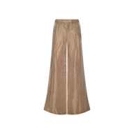 The Allanah Linen-Blend Trouser features a tan hue, high-waisted wide-leg silhouette, subtle sheen, tailored waistband, and a front zipper closure. Displayed on a plain white background.