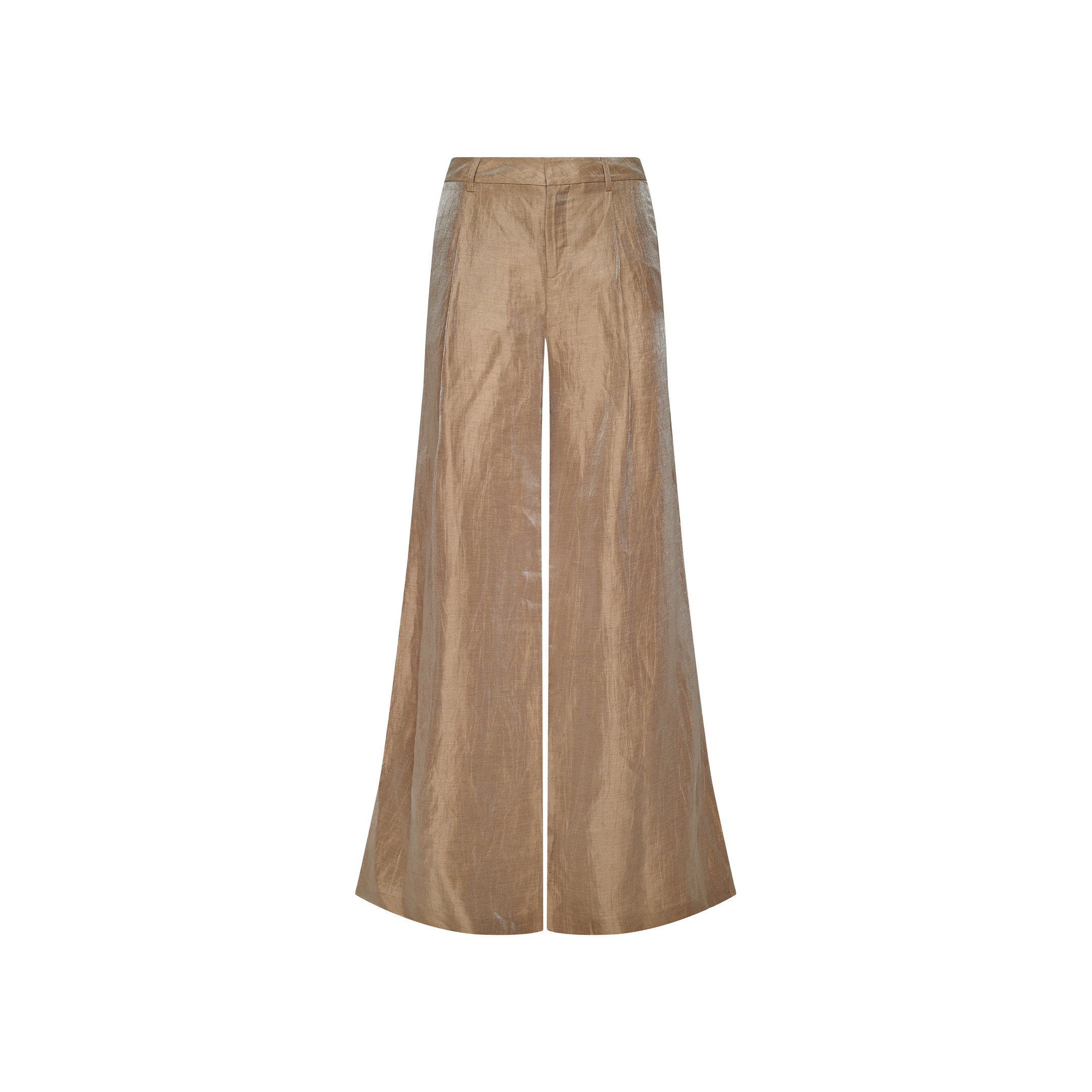 The Allanah Linen-Blend Trouser features a tan hue, high-waisted wide-leg silhouette, subtle sheen, tailored waistband, and a front zipper closure. Displayed on a plain white background.