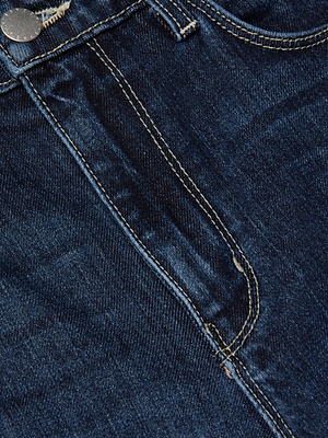 Close-up of the Mira Cropped Bootcut Jean by L'AGENCE in blue stretch denim, featuring a front pocket, metal button, visible yellow stitching, and a slightly worn texture with subtle creases and fading.