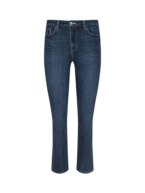 The Mira Cropped Bootcut Jean by L'AGENCE in dark blue stretch denim features a button and zip closure, front and back pockets, slight thigh fading, and is shown against a plain white background.