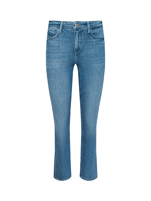 The Mira Cropped Bootcut Jean is a pair of blue, high-waisted, straight-leg micro bootcut jeans featuring front and back pockets, belt loops, and a button-zip closure, shown against a white background.