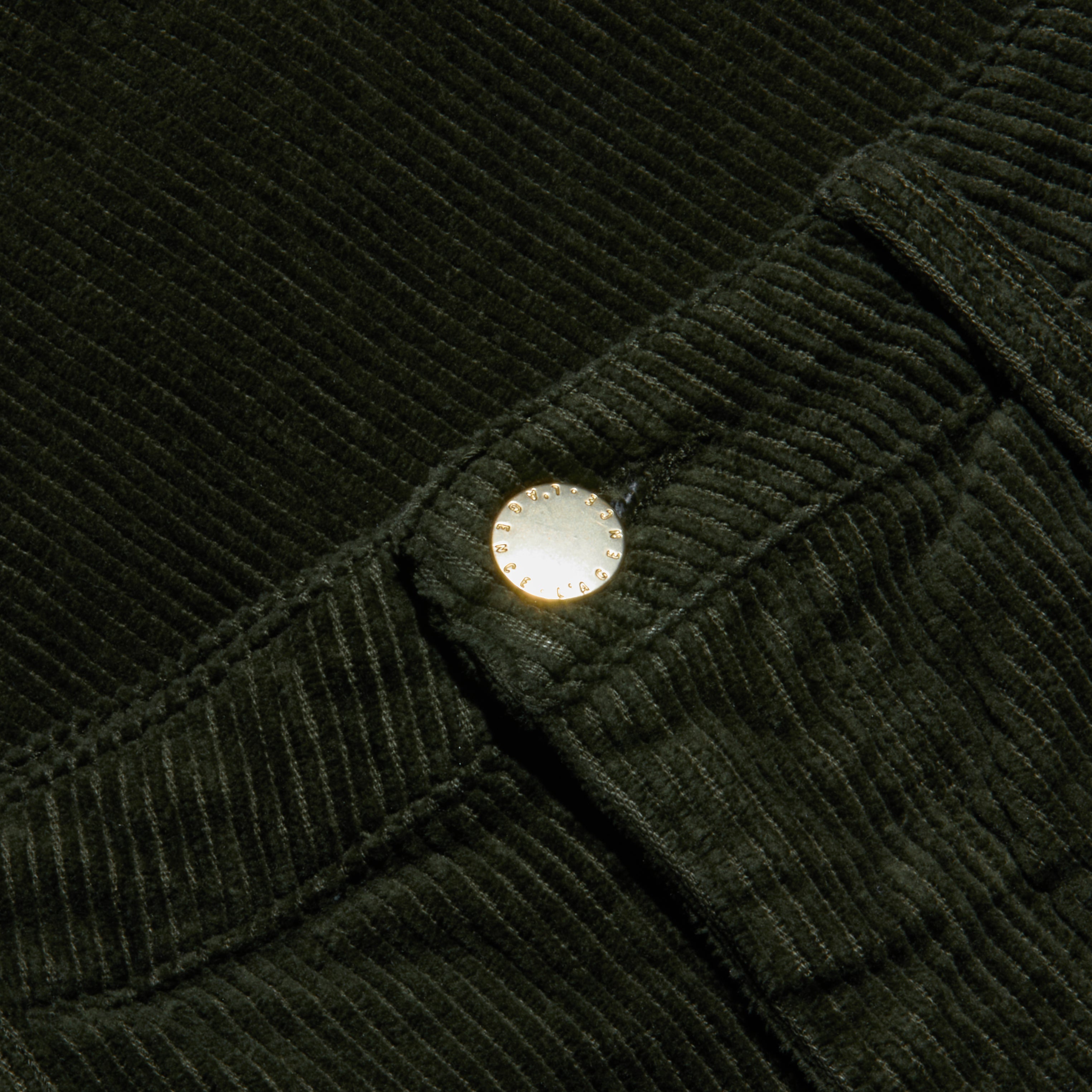 Close-up of the Scottie Corduroy Pant in dark green, featuring a high-rise, wide-leg silhouette with a metallic button at the waistband that highlights the fabric’s rich ribbed texture and detailed edging—an elevated choice for fall 2026 fashion.