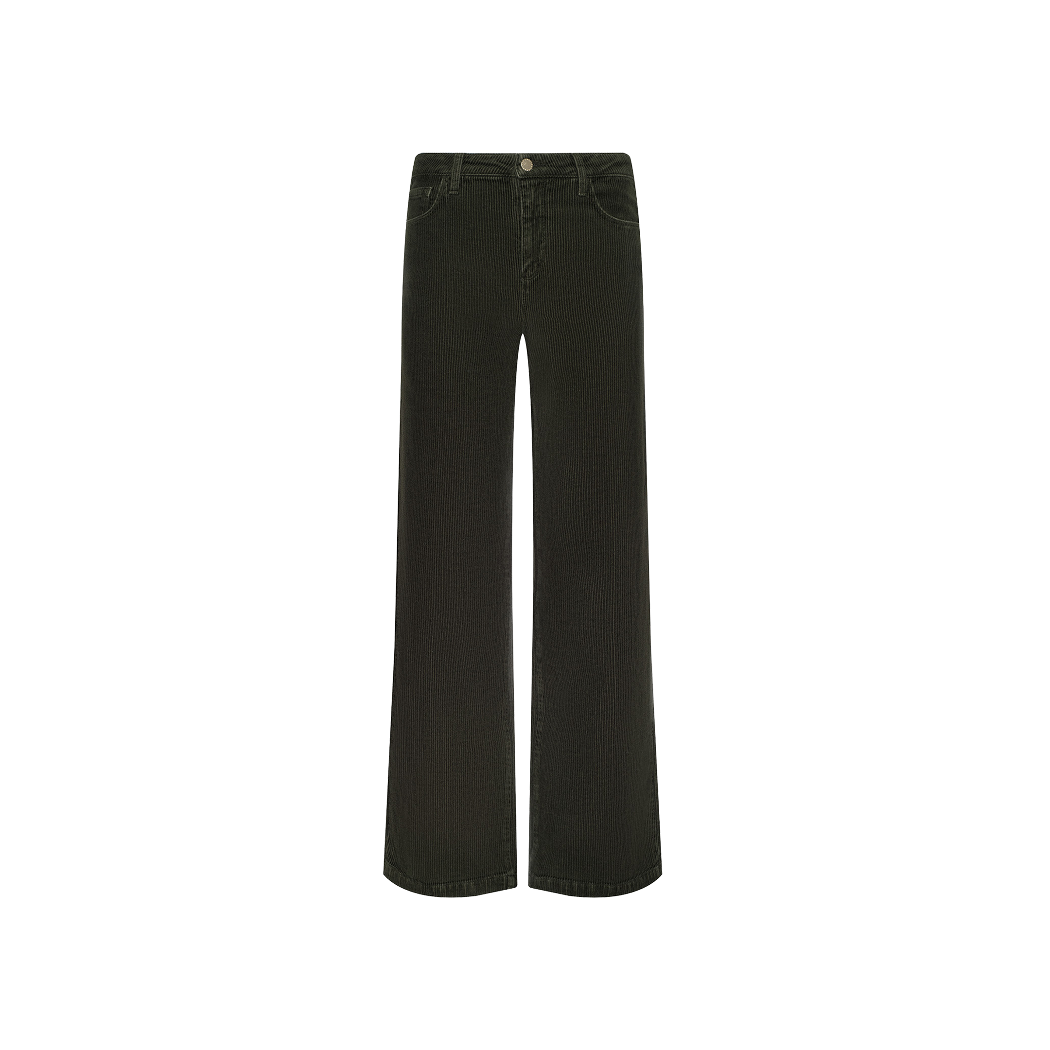 The Scottie Corduroy Pant is a high-rise, wide-leg style in dark green, featuring front and back pockets, belt loops, and a button closure, displayed against a white background.