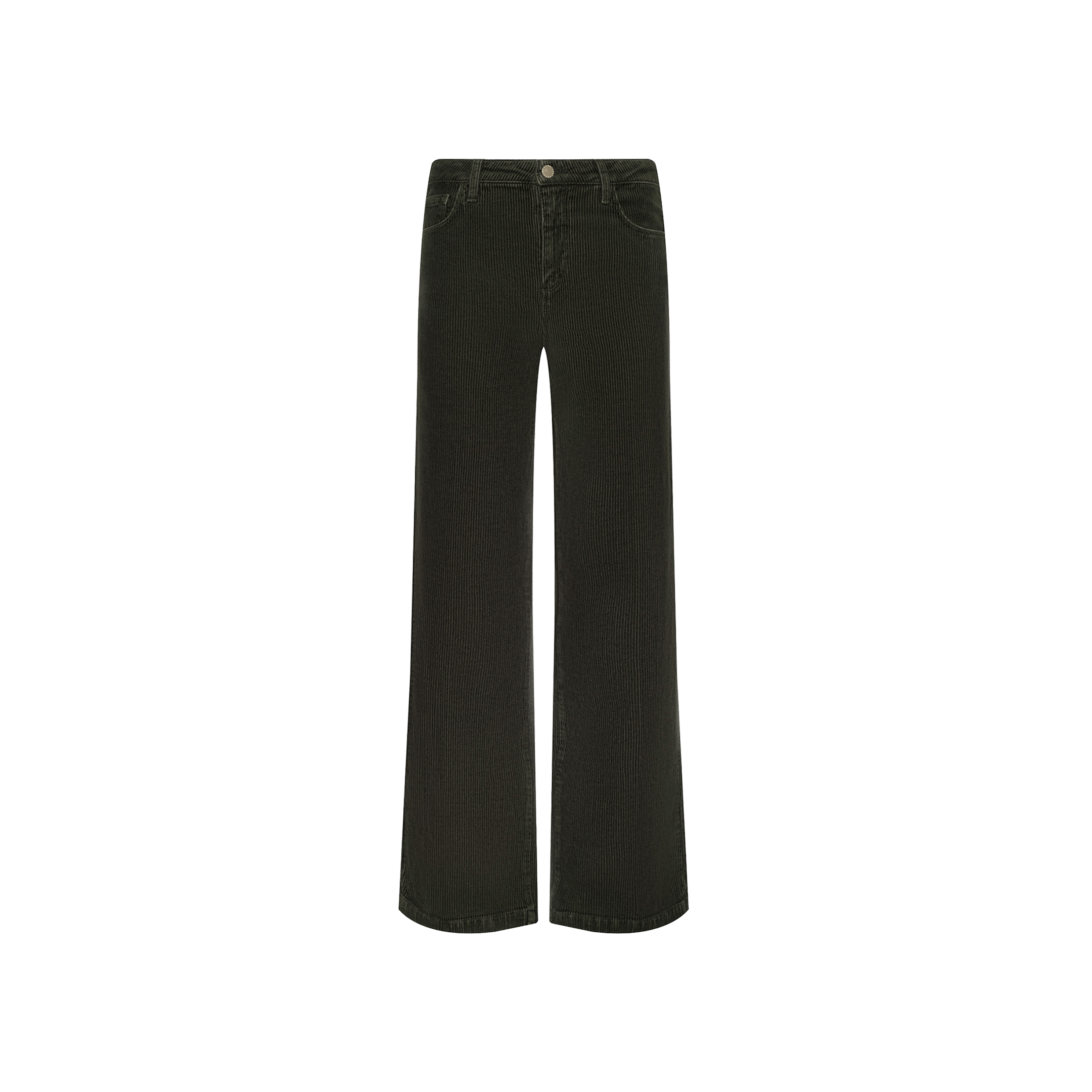 The Scottie Corduroy Pant is a high-rise, wide-leg style in dark green, featuring front and back pockets, belt loops, and a button closure, displayed against a white background.