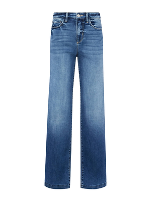 The Scottie Wide-Leg Jean is a blue high-rise style with front and back pockets, button and zip closure, made from stretch denim and features a slightly faded wash on the thighs and lower legs.