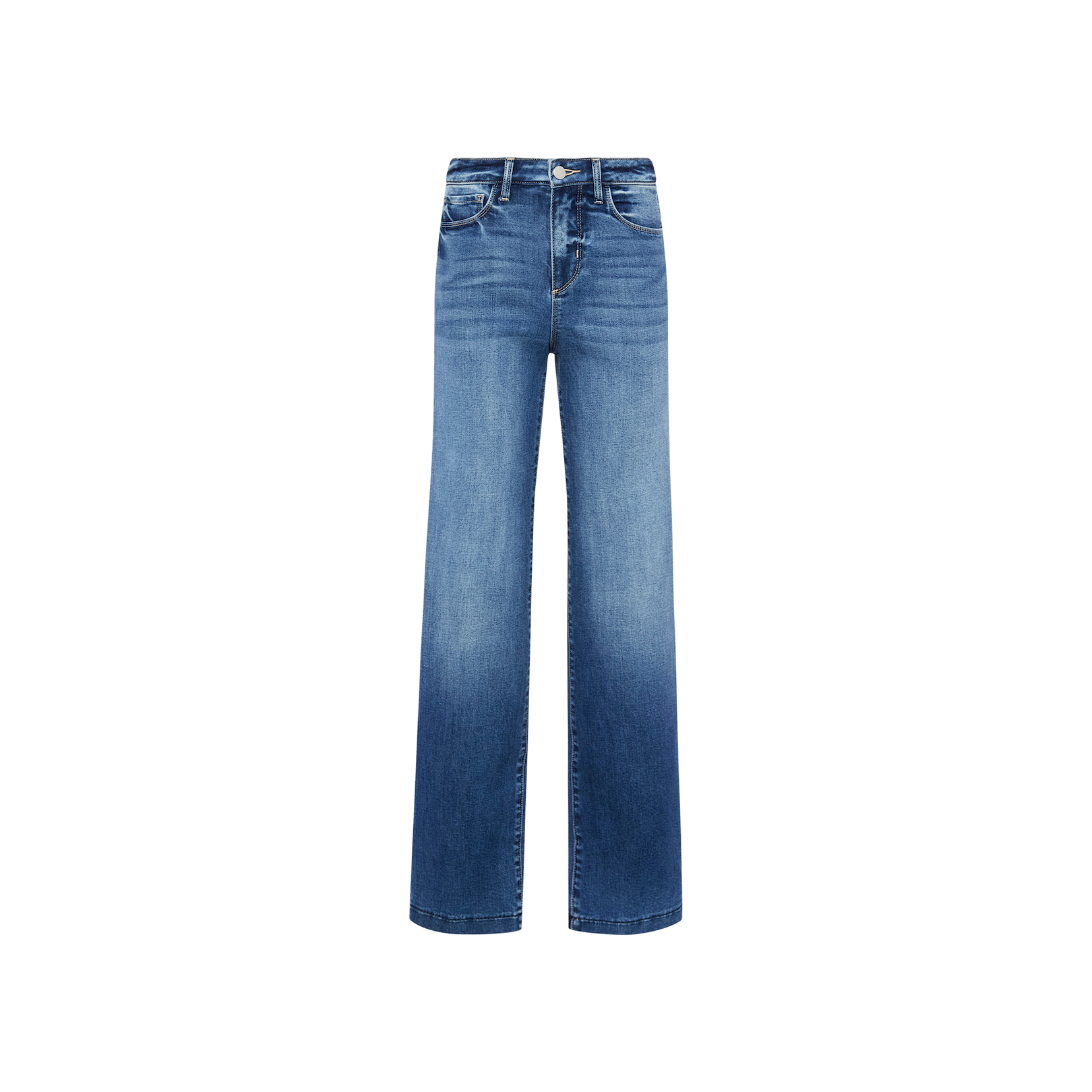 The Scottie Wide-Leg Jean features a high-rise fit, wide-leg silhouette, blue denim with a faded front wash, five-pocket styling, and a button-and-zip closure, displayed on a plain white background.