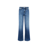 The Scottie Wide-Leg Jean is a high-rise blue denim style featuring a wide-leg silhouette, button and zipper closure, front and back pockets, and a center-faded wash. Made from stretch denim for comfort, the jeans are shown against a plain white background.