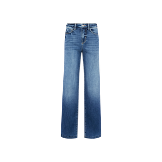 The Scottie Wide-Leg Jean features a high-rise fit, wide-leg silhouette, blue denim with a faded front wash, five-pocket styling, and a button-and-zip closure, displayed on a plain white background.
