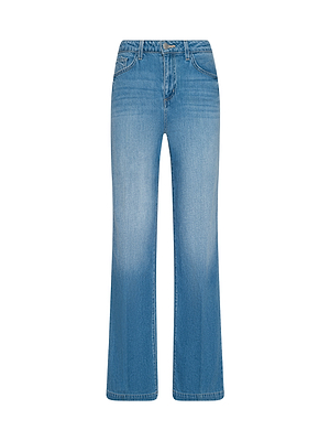 Scottie Wide-Leg Jean in light blue, high-waisted light wash denim with a flattering fit, front and back pockets, and button-and-zip closure, shown on a white background.