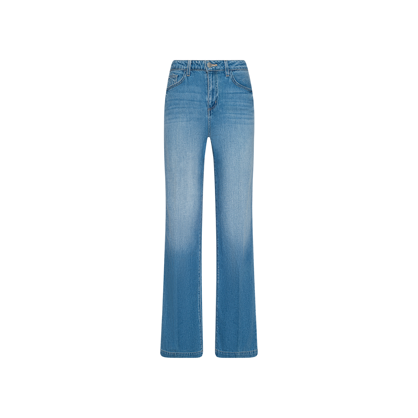 The Scottie Wide-Leg Jean is crafted from light wash denim in a light blue hue, featuring a high-waisted contoured waistband, classic five-pocket styling, wide-leg silhouette, and subtle fading on the front and thighs, shown against a plain white background.