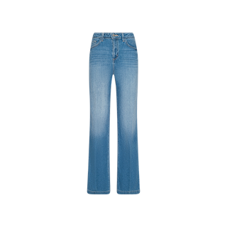 The Scottie Wide-Leg Jean is crafted from light wash denim in a light blue hue, featuring a high-waisted contoured waistband, classic five-pocket styling, wide-leg silhouette, and subtle fading on the front and thighs, shown against a plain white background.