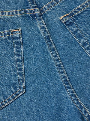 Close-up of blue all-cotton denim in a medium wash, featuring two back pockets with visible stitching, highlighting the rear view of the Scottie Wide-Leg Jean.