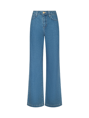 Scottie Wide-Leg Jean in medium wash all-cotton denim features a high waist, wide legs, front and back pockets, button closure, and zipper fly. Shown on a white background.