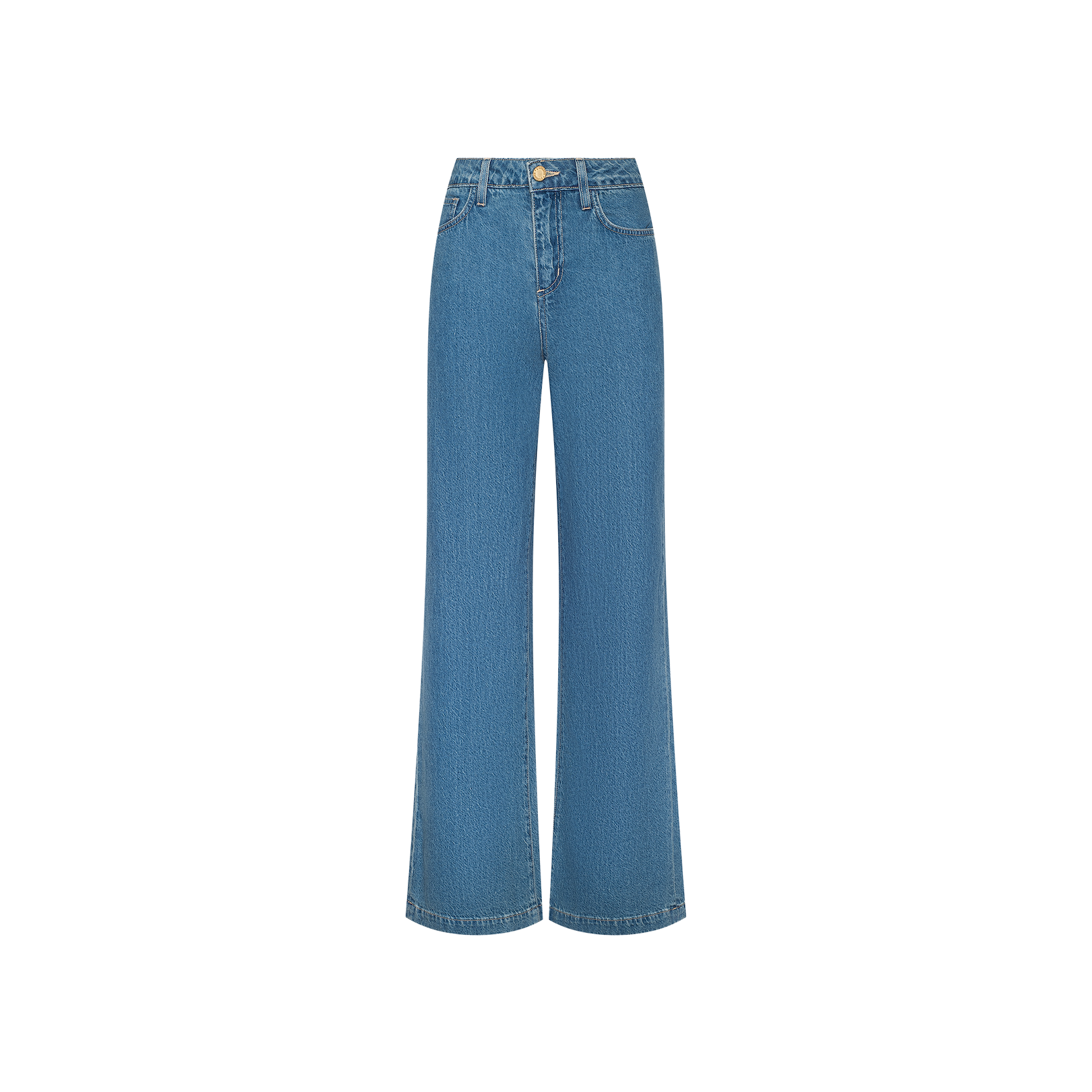 The Scottie Wide-Leg Jean features a high-waisted, wide-leg silhouette in a medium wash, crafted from 100 cotton denim with a classic five-pocket design, button closure, and belt loops, displayed against a plain white background.