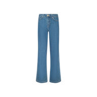 The Scottie Wide-Leg Jean is a blue, high-waisted jean crafted from all-cotton denim in a medium wash. It features front pockets and a button closure, and is displayed on a plain white background.