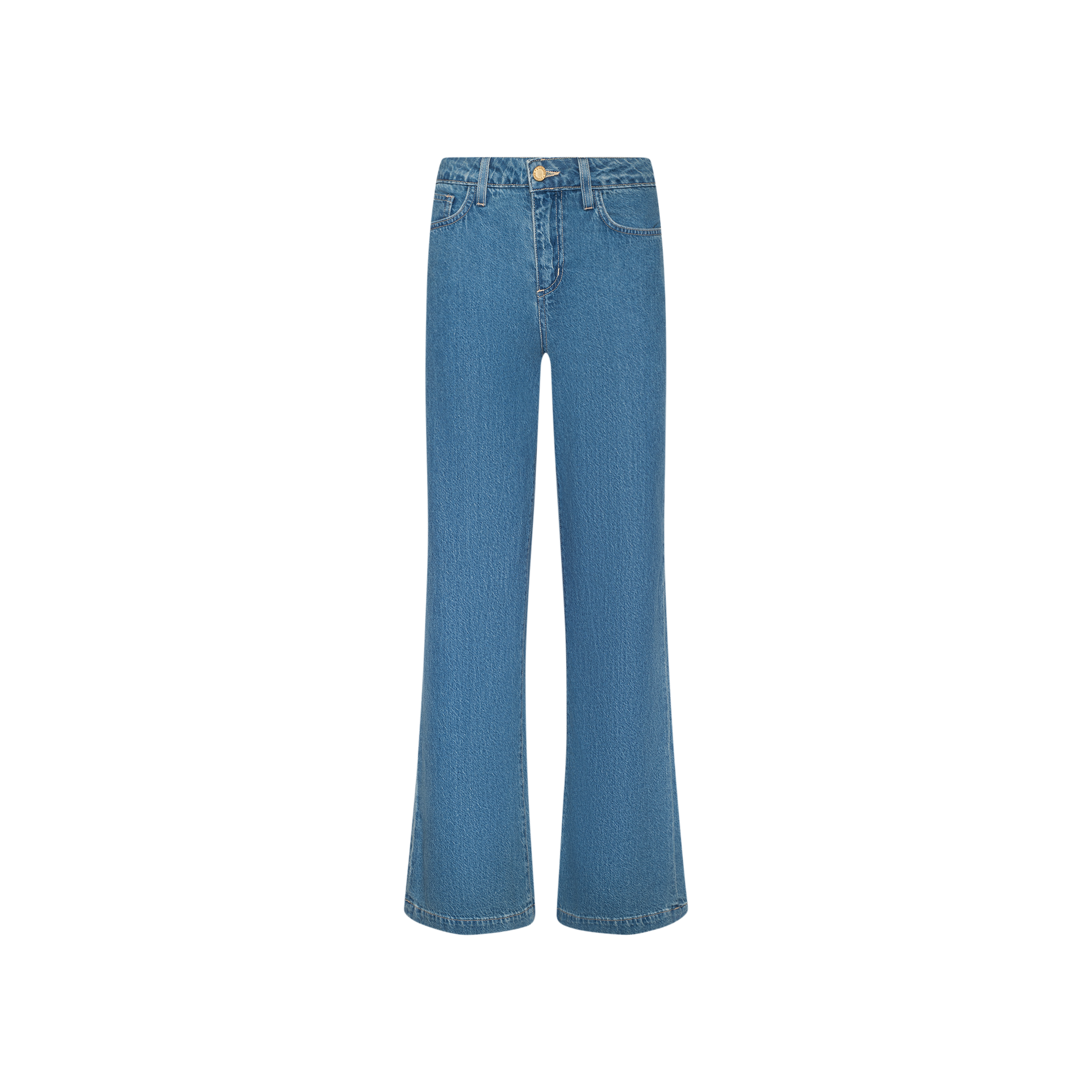 The Scottie Wide-Leg Jean is a blue, high-waisted jean crafted from all-cotton denim in a medium wash. It features front pockets and a button closure, and is displayed on a plain white background.