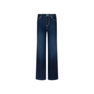 The Scottie Wide-Leg Jean is crafted from super stretch dark blue denim with a high-rise waist and wide-leg silhouette, showcased against a plain white background. These jeans feature a classic button and zip fly closure, along with contrast white stitching at the pockets.