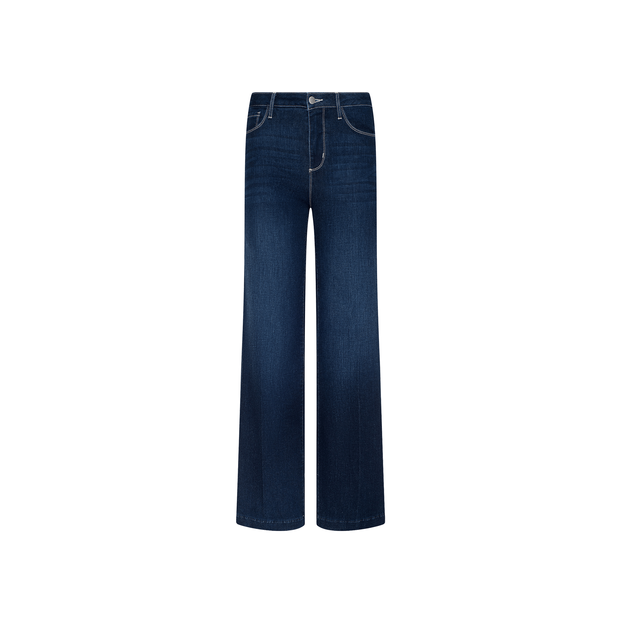 The Scottie Wide-Leg Jean is crafted from super stretch dark blue denim with a high-rise waist and wide-leg silhouette, showcased against a plain white background. These jeans feature a classic button and zip fly closure, along with contrast white stitching at the pockets.