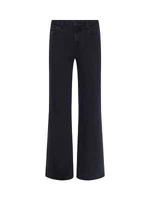 The Scottie Wide-Leg Jean is a washed black, high-waisted style made from stretch denim with a classic five-pocket design, shown against a white background.