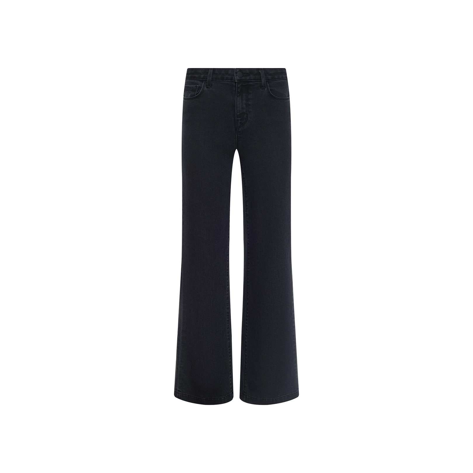 The Scottie Wide-Leg Jean, crafted from stretch denim in black, features a contoured high-rise waistband and both front and back pockets, shown against a plain white background.