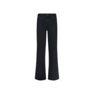 The Scottie Wide-Leg Jean is a black, high-waisted style with a contoured waistband and both front and back pockets, expertly crafted from stretch denim and displayed against a plain white background.