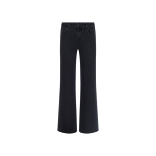 The Scottie Wide-Leg Jean, crafted from stretch denim in black, features a contoured high-rise waistband and both front and back pockets, shown against a plain white background.