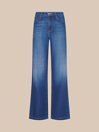 The Scottie Wide-Leg Jean is a high-rise style crafted from nonstretch denim, featuring front and back pockets, subtle fading on the thighs, and classic stitching, displayed against a plain beige background.